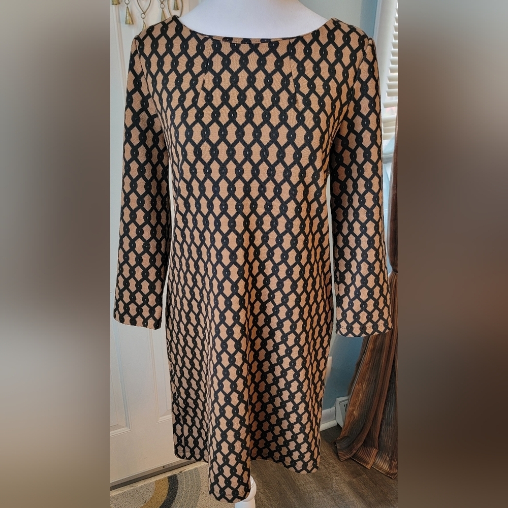 Vivienne Tam Black and Tan Geometric Long Sleeve Dress